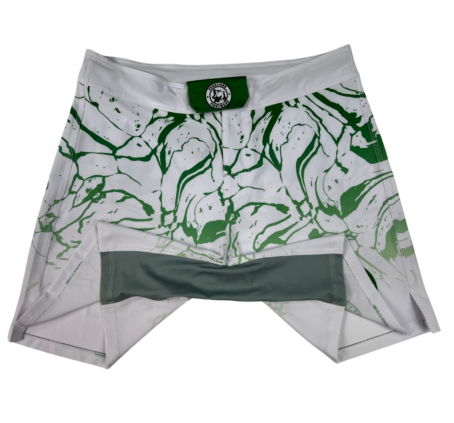 WHITE AND GREEN WOMENS SPLASH MMA SHORTS