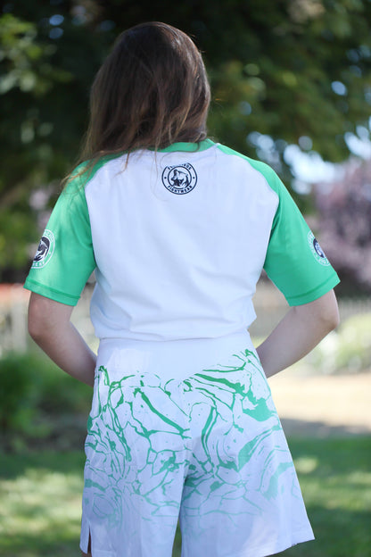 WHITE AND GREEN WOMENS SPLASH MMA SHORTS