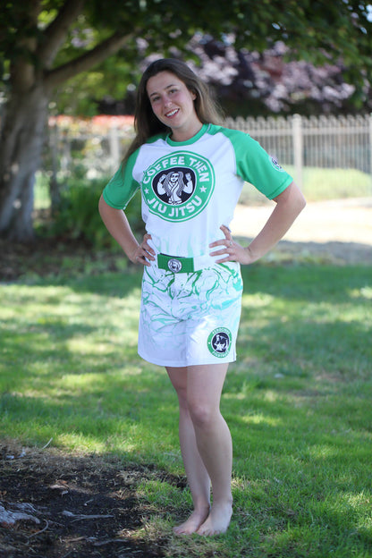 WHITE AND GREEN WOMENS SPLASH MMA SHORTS