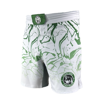 WHITE AND GREEN WOMENS SPLASH MMA SHORTS